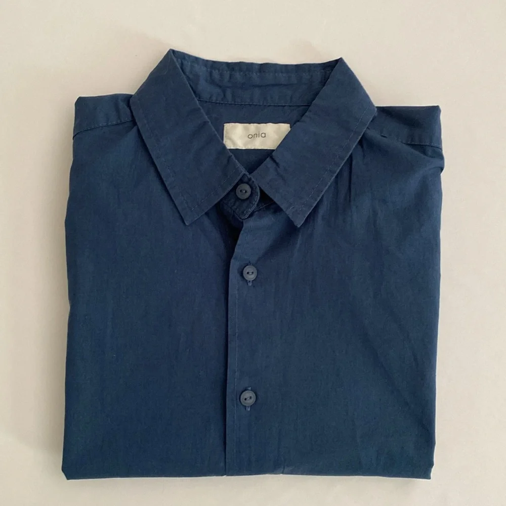 Onia Men’s Shirt 100% Cotton Button Down Shirt Short Sleeve Blue New size Medium - Picture 7 of 9
